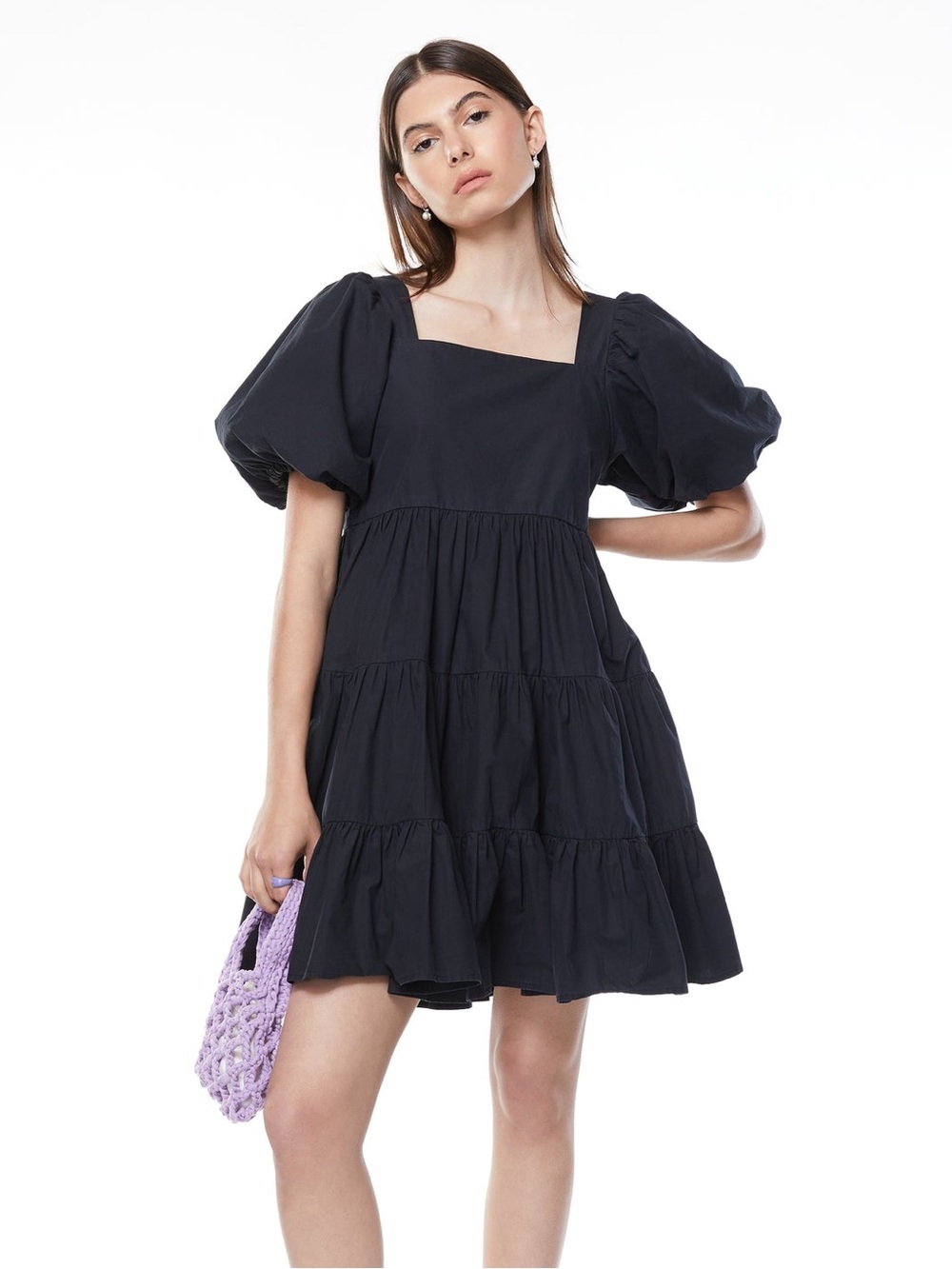 Oak + Fort Sz S Black Puff Sleeves Tiered Cotton Mini Dress
